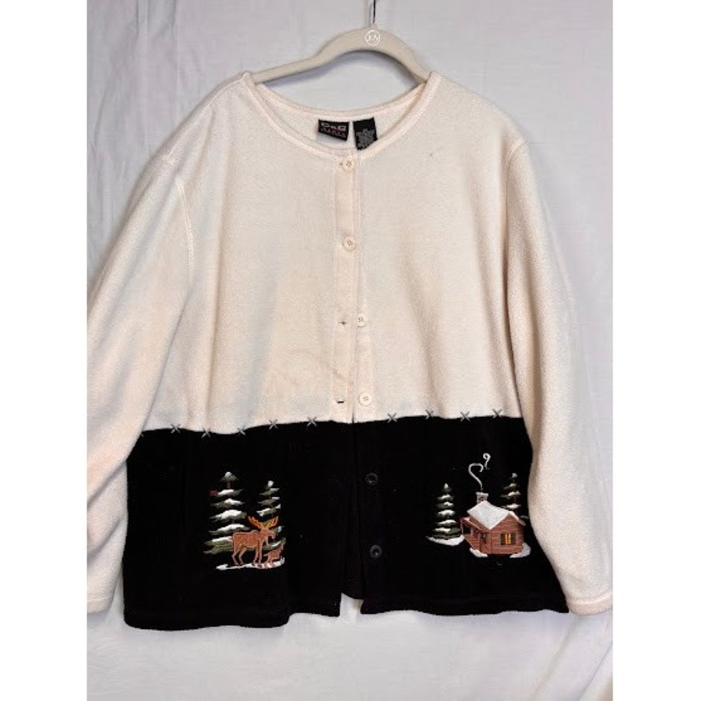 C&B Sport Croft & Barrow Women 2X Fleece Cardigan Winter Moose Cabin Embroidered